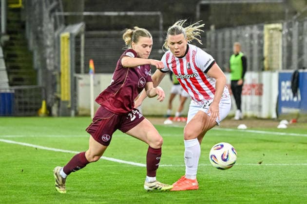Nastassja Lein 1 FC Nuernberg, 24 on the ball with Ingibjoerg Sigurdardottir SC Freiburg, 24 GER, SC Freiburg 1 FC Nuernberg, Womens Football, Google Pixel Womens Bundesliga, Matchday 20, Season 2025 2026, 13 03 2026 DFB REGULATES PROHIBIT ANY USE OF PHOTOGRAPHS AS IMAGE SEQUENCES AND OR QUASI VIDEO GER, SC Freiburg 1 FC Nuernberg, Womens football, Google Pixel Womens Bundesliga, Matchday 20, Season 2025 2026, 13 03 2026 Freiburg Copyright: xEibner-Pressefoto ThomasxHessx EP_THS
