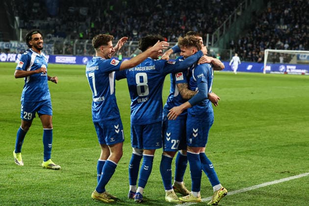 Goal celebration goal scorer Philipp Hercher 1 FC Magdeburg,27 scores to 1 0 2 Soccer Bundesliga season 2025 2026 1 FC Magdeburg vs SV Darmstadt 98 at the Avnet Arena in Magdeburg action,soccer,man,men,Germany,13 03 2026