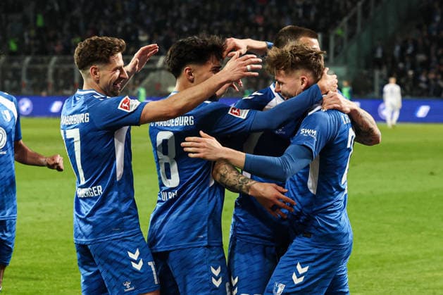 Goal celebration goal scorer Philipp Hercher 1 FC Magdeburg,27 scores to 1 0 2 Soccer Bundesliga season 2025 2026 1 FC Magdeburg vs SV Darmstadt 98 at the Avnet Arena in Magdeburg action,soccer,man,men,Germany,13 03 2026