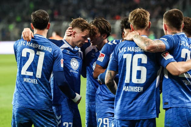 Goal celebration goal scorer Philipp Hercher 1 FC Magdeburg,27 scores to 1 0 2 Soccer Bundesliga season 2025 2026 1 FC Magdeburg vs SV Darmstadt 98 at the Avnet Arena in Magdeburg action,soccer,man,men,Germany,13 03 2026