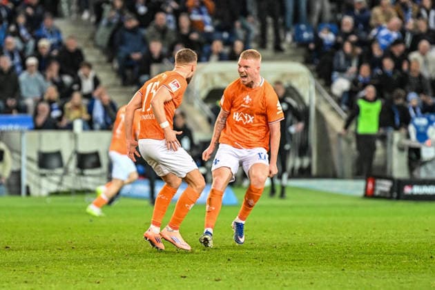 Soccer I Men I Season 2025 2026 I 2 Bundesliga I 26 Matchday I 1 FC Magdeburg SV Darmstadt 98 I 13 03 2026 Goal celebration Goal scorer Fabian Nürnberger 15, SV Darmstadt 98 cheers with Kai Klefisch 17, SV Darmstadt 98 after the 1 1 equalizer Magdeburg Avnet Arena Heinz Krügel Platz 1 Saxony Anhalt Germany Copyright: xLobeca InesxHähnelx