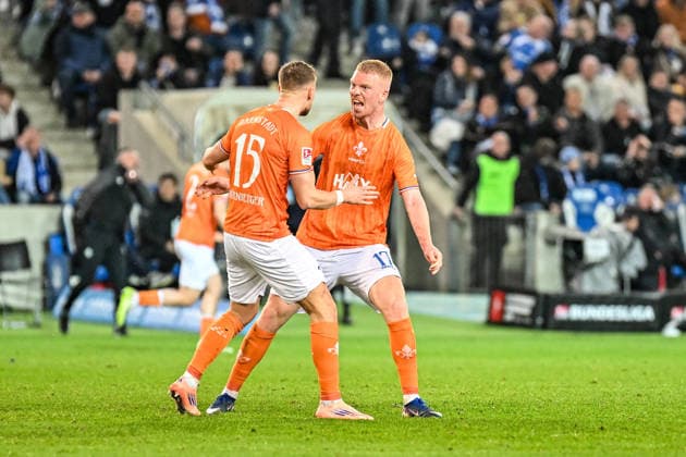 Soccer I Men I Season 2025 2026 I 2 Bundesliga I 26 Matchday I 1 FC Magdeburg SV Darmstadt 98 I 13 03 2026 Joint goal celebration with scorers Fabian Nürnberger 15, SV Darmstadt 98 and Kai Klefisch 17, SV Darmstadt 98 Magdeburg Avnet Arena Heinz Krügel Platz 1 Saxony Anhalt Germany Copyright: xLobeca InesxHähnelx