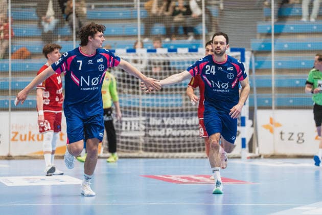 Krischa Leis TSV Bayer Dormagen, 07 and Peter Strosack TSV Bayer Dormagen, 19 celebrate a goal TSV Dormagen vs TV 05 07 Huettenberg, Handball, 2 HBL, Matchday 24, Season 2025 26, 13 03 2026, TSV Dormagen vs TV 05 07 Huettenberg, Handball, 2 HBL, Matchday 24, Season 2025 26, 13 03 2026 Dormagen Copyright: xEibner-Pressefoto LukasxBaldygax EP_LBA