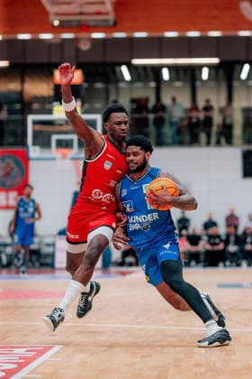 BB 2BL SBB Baskets HAKRO Merlins Crailsheim Joshua Bonga SBB Baskets , Xavier Trent Johnson HAKRO Merlins Crailsheim during the 2025 2026 season in the 2 Barmer Basketball Bundesliga Pro A on matchday 26 between SBB Baskets and HAKRO Merlins Crailsheim at Wolfgang Lakenmacher Halle on March 13, 2026 in Magdeburg, Sachsen Anhalt, Germany