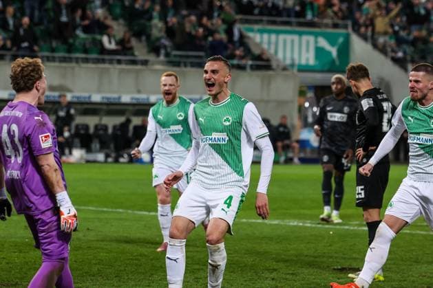 Silas Joel Pruefrock 43 Spvgg Greuther Fuerth , Philipp Ziereis 4 Spvgg Greuther Fuerth and Jan Elvedi 15 Spvgg Greuther Fuerth are happy about the missed penalty, Spvgg Greuther Fuerth vs SV Elversberg Football, Men, 2 Bundesliga, Season 2025 2026, Second round, Matchday 26, 13 03 2026 DFB regulations prohibit any use of photographs as image sequences and or quasi video Fuerth Bayern Germany Copyright: xkolbert-press MartinxAgüerax