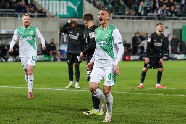 Joy at Paul Will 13 Spvgg Greuther Fuerth and Philipp Ziereis 4 Spvgg Greuther Fuerth after Lukas Petkovs missed penalty 25 SV 07 Elversberg , Spvgg Greuther Fuerth vs SV Elversberg Football, Men, 2 Bundesliga, Season 2025 2026, Second round, Matchday 26, 13 03 2026 DFB regulations prohibit any use of photographs as image sequences and or quasi video Fuerth Bayern Germany Copyright: xkolbert-press MartinxAgüerax