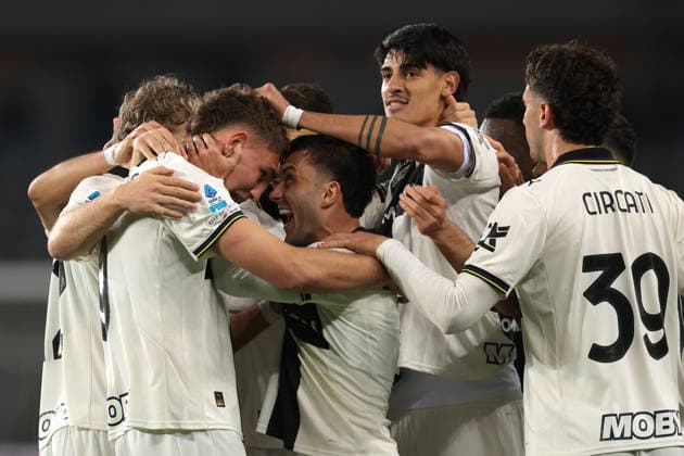 Turin, Italy, 13th March 2026. Mateo Pellegrino of Parma Calcio celebrates with team mates after scoring to level the game at 1-1 during the Torino vs Parma Serie A match at Stadio Grande Torino, Turin. Picture credit should read: Jonathan Moscrop Sportimage EDITORIAL USE ONLY. No use with unauthorised audio, video, data, fixture lists, club league logos or live services. Online in-match use limited to 120 images, no video emulation. No use in betting, games or single club league player publications. SPI_005_JM_TORO_PARMA SPI-4613-0004