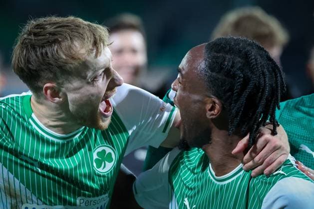 Jannik Dehm 23 Spvgg Greuther Fuerth and Noel Futkeu 9 Spvgg Greuther Fuerth are happy about the victory, Emotion, Joy, Spvgg Greuther Fuerth vs SV Elversberg Football, Men, 2 Bundesliga, Season 2025 2026, Second round, Matchday 26, 13 03 2026 DFB regulations prohibit any use of photographs as image sequences and or quasi video Fuerth Bayern Germany Copyright: xkolbert-press MartinxAgüerax