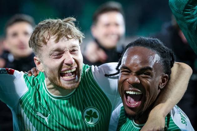 Jannik Dehm 23 Spvgg Greuther Fuerth and Noel Futkeu 9 Spvgg Greuther Fuerth are happy about the victory, Emotion, Joy, Spvgg Greuther Fuerth vs SV Elversberg Football, Men, 2 Bundesliga, Season 2025 2026, Second round, Matchday 26, 13 03 2026 DFB regulations prohibit any use of photographs as image sequences and or quasi video Fuerth Bayern Germany Copyright: xkolbert-press MartinxAgüerax