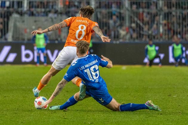 Germany, 2 Bundesliga, Season 2025 2026, Matchday 26, Avnet Arena, 1 FC Magdeburg vs SV Darmstadt 98, Marseiler Luca SV Darmstadt 98, 8 in duel against Mathisen Marcus 1 FC Magdeburg, 16 Copyright: xMichellexLukax