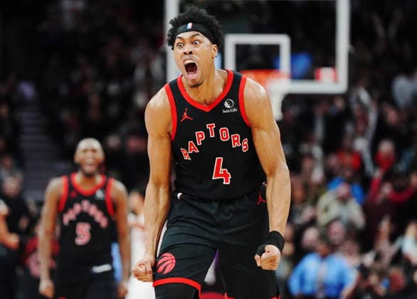 March 13, 2026, Toronto, On, Canada: Toronto Raptors Scottie Barnes (4) celebrates against the Phoenix Suns during second half NBA, Basketball Herren, USA basketball action in Toronto on Friday, March 13, 2026. Canada News - March 13, 2026  - ZUMAc35_ 20260313_zaf_c35_133 Copyright: xFrankxGunnx