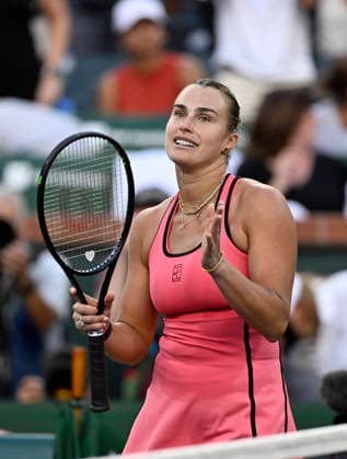 March 13, 2026 Aryna Sabalenka celebrates after defeating Linda Noskova (CZE) during their semifinal match at the BNP Paribas Open held at the Indian Wells Tennis Garden in Indian Wells, California. California. Mandatory Photo Credit : CSM Indian Wells United States of America - ZUMAc04_ 20260313_zma_c04_217 Copyright: xCharlesxBausx
