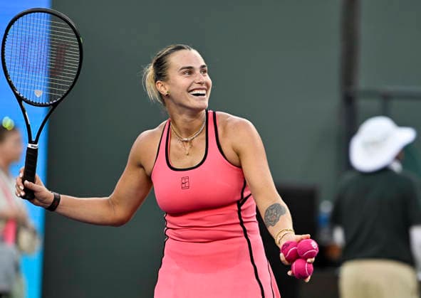 March 13, 2026 Aryna Sabalenka hits signed tennis balls into the stands after defeating Linda Noskova (CZE) during their semifinal match at the BNP Paribas Open held at the Indian Wells Tennis Garden in Indian Wells, California. California. Mandatory Photo Credit : CSM Indian Wells United States of America - ZUMAc04_ 20260313_zma_c04_225 Copyright: xCharlesxBausx