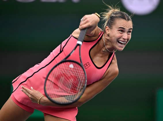 March 13, 2026 Aryna Sabalenka serves against Linda Noskova (CZE) during their semifinal match at the BNP Paribas Open held at the Indian Wells Tennis Garden in Indian Wells, California. California. Mandatory Photo Credit : CSM Indian Wells United States of America - ZUMAc04_ 20260313_zma_c04_228 Copyright: xCharlesxBausx