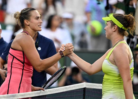 March 13, 2026 Aryna Sabalenka shakes hands after defeating Linda Noskova (CZE) during their semifinal match at the BNP Paribas Open held at the Indian Wells Tennis Garden in Indian Wells, California. California. Mandatory Photo Credit : CSM Indian Wells United States of America - ZUMAc04_ 20260313_zma_c04_232 Copyright: xCharlesxBausx