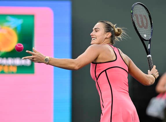 March 13, 2026 Aryna Sabalenka hits signed tennis balls into the stands after defeating Linda Noskova (CZE) during their semifinal match at the BNP Paribas Open held at the Indian Wells Tennis Garden in Indian Wells, California. California. Mandatory Photo Credit : CSM Indian Wells United States of America - ZUMAc04_ 20260313_zma_c04_233 Copyright: xCharlesxBausx