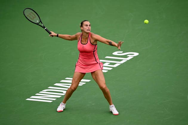 March 13, 2026 Aryna Sabalenka returns a shot against Linda Noskova (CZE) during their semifinal match at the BNP Paribas Open held at the Indian Wells Tennis Garden in Indian Wells, California. California. Mandatory Photo Credit : CSM Indian Wells United States of America - ZUMAc04_ 20260313_zma_c04_235 Copyright: xCharlesxBausx