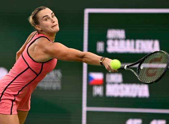 March 13, 2026 Aryna Sabalenka returns a shot against Linda Noskova (CZE) during their semifinal match at the BNP Paribas Open held at the Indian Wells Tennis Garden in Indian Wells, California. California. Mandatory Photo Credit : CSM Indian Wells United States of America - ZUMAc04_ 20260313_zma_c04_240 Copyright: xCharlesxBausx