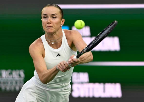 March 13, 2026 Elina Svitolina of Ukraine returns a shot against Elena Rybakina of Kazakhstan during their semifinal match at the BNP Paribas Open held at the Indian Wells Tennis Garden in Indian Wells, California. California. Mandatory Photo Credit : CSM Indian Wells United States of America - ZUMAc04_ 20260313_zma_c04_252 Copyright: xCharlesxBausx