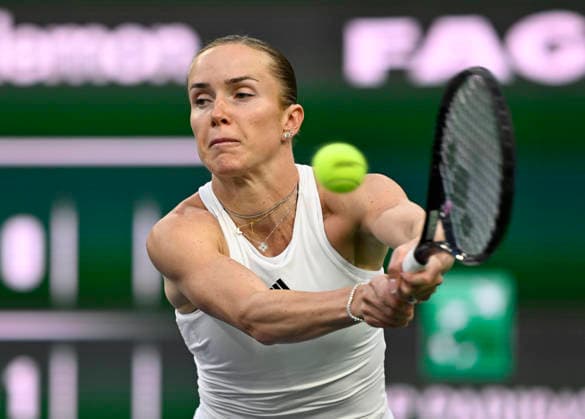 March 13, 2026 Elina Svitolina of Ukraine returns a shot against Elena Rybakina of Kazakhstan during their semifinal match at the BNP Paribas Open held at the Indian Wells Tennis Garden in Indian Wells, California. California. Mandatory Photo Credit : CSM Indian Wells United States of America - ZUMAc04_ 20260313_zma_c04_253 Copyright: xCharlesxBausx
