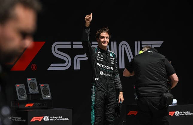 F1 Chinese Grand Prix 2026 - Sprint Race SHANGHAI, CHINA - MARCH 14: George Russell of Mercedes-AMG Petronas Formula One Team celebrates after he wins the Sprint Race at the 2026 Chinese Grand Prix, at the Shanghai International Circuit, in Shanghai, China, on March 14, 2026. Shanghai China  Copyright: xArturxWidakx originalFilename:widak-f1chines260314_npaMp.jpg