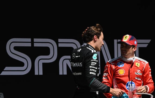 F1 Chinese Grand Prix 2026 - Sprint Race SHANGHAI, CHINA - MARCH 14: George Russell (L) of Mercedes-AMG Petronas Formula One Team chats with Charles Leclerc of Scuderia Ferrari HP after winning the Sprint Race at the 2026 Chinese Grand Prix, at the Shanghai International Circuit, in Shanghai, China, on March 14, 2026. Shanghai China  Copyright: xArturxWidakx originalFilename:widak-f1chines260314_npJ3c.jpg