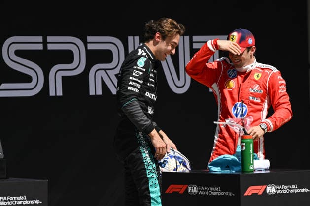 F1 Chinese Grand Prix 2026 - Sprint Race SHANGHAI, CHINA - MARCH 14: George Russell (L) of Mercedes-AMG Petronas Formula One Team chats with Charles Leclerc of Scuderia Ferrari HP, after winning the Sprint Race at the 2026 Chinese Grand Prix, at the Shanghai International Circuit, in Shanghai, China, on March 14, 2026. Shanghai China  Copyright: xArturxWidakx originalFilename:widak-f1chines260314_npTdh.jpg