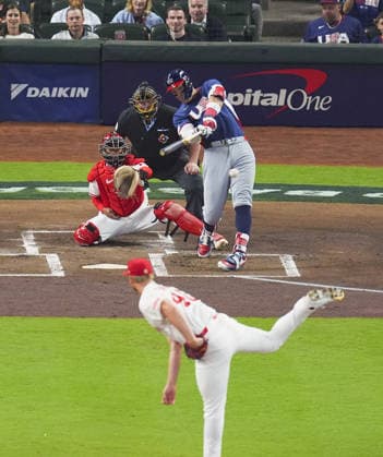 World Baseball Classic: U.S. vs. Canada Aaron Judge of the United States hits a double in the first inning of a World Baseball Classic quarterfinal game against Canada at Daikin Park in Houston, Texas, on March 13, 2026.  A14AA0005381921P