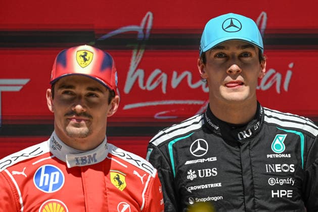 F1 Chinese Grand Prix 2026 - Sprint Race SHANGHAI, CHINA - MARCH 14: George Russell (R) of Mercedes-AMG Petronas Formula One Team pictured with with Charles Leclerc (L) of Scuderia Ferrari HP after winning the Sprint Race at the 2026 Chinese Grand Prix, at the Shanghai International Circuit, in Shanghai, China, on March 14, 2026. Shanghai China  Copyright: xArturxWidakx originalFilename:widak-f1chines260314_npAcu.jpg