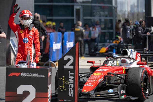 Shanghai Formula 1 Chinese Grand Prix - Sprint Day 16 Charles Leclerc (Ferrari) arrives at the second position during the Sprint of the Formula One Grand Prix at the Shanghai International Circuit in Shanghai on March 14, 2026. Photo by Eliot Blondet ABACAPRESS.COM Shanghai Chine China  Copyright: xBlondetxEliot ABACAx