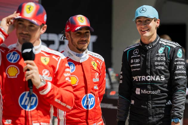 Shanghai Formula 1 Chinese Grand Prix - Sprint Day 63 George Russell (Mercedes) and 44 Lewis Hamilton (Ferrari) after the Sprint of the Formula One Grand Prix at the Shanghai International Circuit in Shanghai on March 14, 2026. Photo by Eliot Blondet ABACAPRESS.COM Shanghai Chine China  Copyright: xBlondetxEliot ABACAx