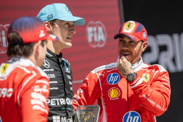 Shanghai Formula 1 Chinese Grand Prix - Sprint Day 63 George Russell (Mercedes) and 44 Lewis Hamilton (Ferrari) after the Sprint of the Formula One Grand Prix at the Shanghai International Circuit in Shanghai on March 14, 2026. Photo by Eliot Blondet ABACAPRESS.COM Shanghai Chine China  Copyright: xBlondetxEliot ABACAx