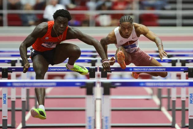 March 13, 2026: Auburn hurdler JaKobe Tharp and Jerome Campbell of Arkansas compete in the 60 Meter Hurdles. .The 2026 NCAA, College League, USA indoor track and field finals are being held in Fayetteville, AR. CSM Fayetteville USA - ZUMAcm9_ 20260313_faf_cm9_161 Copyright: xRicheyxMillerx