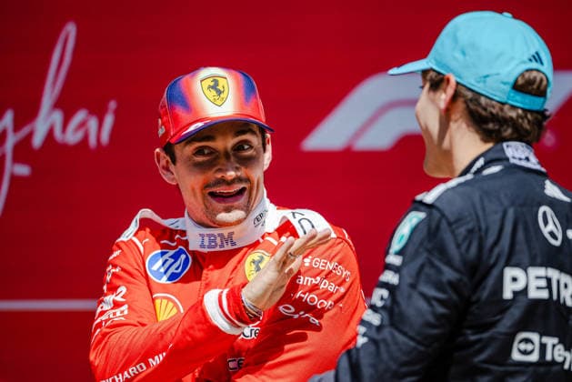 Shanghai Formula 1 Chinese Grand Prix - Sprint Day CHARLES LECLERC (MON) of Scuderia Ferrari HP 16 GEORGE RUSSELL (GBR) of Mercedes-AMG PETRONAS Formula One Team 63 SPRINT PARC FERME on Saturday during the 2026 Formula 1 Heineken Chinese Grand Prix at the Shanghai Audi International Circuit on March 14, 2026. Photo by Tan Jun Da ABACAPRESS.COM Shanghai China  Copyright: xJunxDaxTan ABACAx