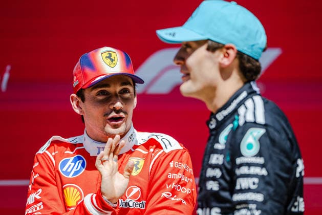Shanghai Formula 1 Chinese Grand Prix - Sprint Day CHARLES LECLERC (MON) of Scuderia Ferrari HP 16 GEORGE RUSSELL (GBR) of Mercedes-AMG PETRONAS Formula One Team 63 SPRINT PARC FERME on Saturday during the 2026 Formula 1 Heineken Chinese Grand Prix at the Shanghai Audi International Circuit on March 14, 2026. Photo by Tan Jun Da ABACAPRESS.COM Shanghai China  Copyright: xJunxDaxTan ABACAx