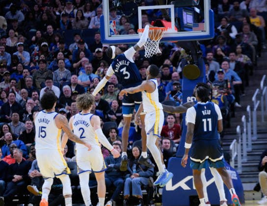 NBA, Basketball Herren, USA Minnesota Timberwolves vs Golden State Warriors in San Francisco SAN FRANCISCO, CALIFORNIA - MARCH 13: Jaden McDaniels (3) of Timberwolves baskets during the NBA game 34 between Minnesota Timberwolves and Golden State Warriors in San Francisco at Chase Center on March 13, 2026 in San Francisco, California, United States. Tayfun Coskun Anadolu California United States. Editorial use only. Please get in touch for any other usage.  Copyright: x2026xAnadoluxTayfunxCoskunx