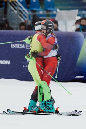 PARALYMPICS - Winter Paralympics Milano Cortina 2026 CORTINA D AMPEZZO,ITALY,14.MAR.26 - PARALYMPICS, ALPINE SKIING - Paralympic Winter games, Winterspiele,Spiele, Summer games Milano Cortina 2026, slalom, women. Image shows guide Eric Digruber and Veronika Aigner (AUT).  GEPAxpictures xMatthiasxTrinkl