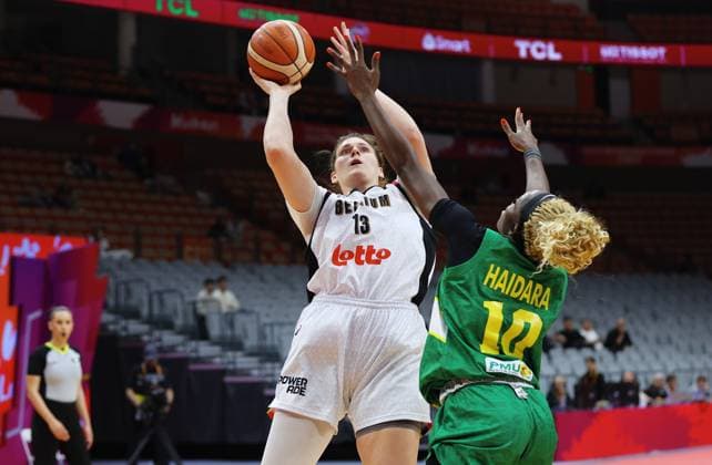 Belgium s Kyara Linskens and Mali s Maimouna Haidara fight for the ball during a basket game between Belgium s national team, Nationalteam Belgian Cats and Mali, in Wuhan, China, on Saturday 14 March 2026, the third game (out of 5) of the qualifications phase for the World Cup Basket tournament. NIKOLAxKRSTIC  x167426493x
