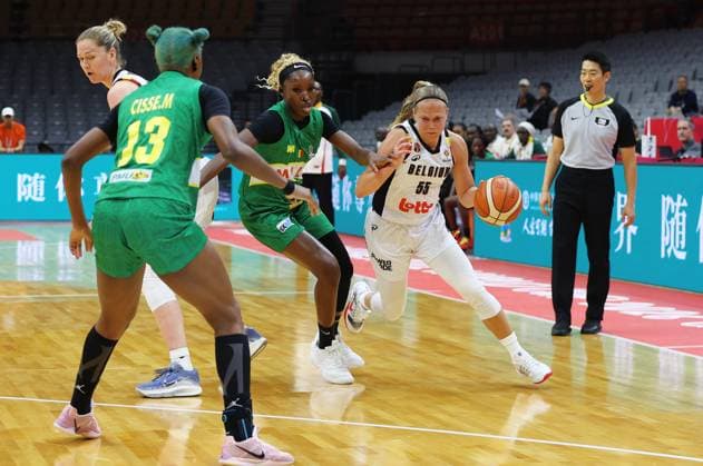 Mali s Maimouna Haidara and Belgium s Julie Allemand fight for the ball during a basket game between Belgium s national team, Nationalteam Belgian Cats and Mali, in Wuhan, China, on Saturday 14 March 2026, the third game (out of 5) of the qualifications phase for the World Cup Basket tournament. NIKOLAxKRSTIC  x167426576x