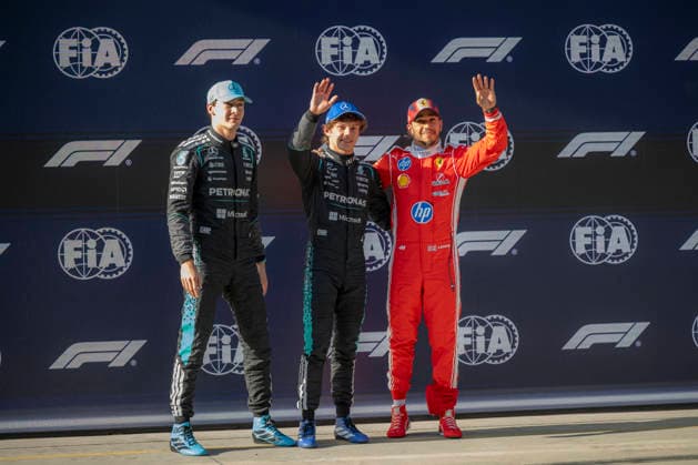Shanghai Formula 1 Chinese Grand Prix - Qualification 63 George Russell (Mercedes), 12 Kimi Antonelli (Mercedes) and 44 Lewis Hamilton (Ferrari) after the qualification race of the Formula One Grand Prix at the Shanghai International Circuit in Shanghai on March 14, 2026. Photo by Eliot Blondet ABACAPRESS.COM Shanghai Chine China  Copyright: xBlondetxEliot ABACAx