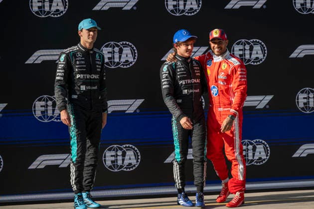 Shanghai Formula 1 Chinese Grand Prix - Qualification 63 George Russell (Mercedes), 12 Kimi Antonelli (Mercedes) and 44 Lewis Hamilton (Ferrari) after the qualification race of the Formula One Grand Prix at the Shanghai International Circuit in Shanghai on March 14, 2026. Photo by Eliot Blondet ABACAPRESS.COM Shanghai Chine China  Copyright: xBlondetxEliot ABACAx