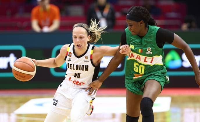 Belgium s Julie Allemand and Mali s Djeneba N Daiye fight for the ball during a basket game between Belgium s national team, Nationalteam Belgian Cats and Mali, in Wuhan, China, on Saturday 14 March 2026, the third game (out of 5) of the qualifications phase for the World Cup Basket tournament. NIKOLAxKRSTIC  x167429456x