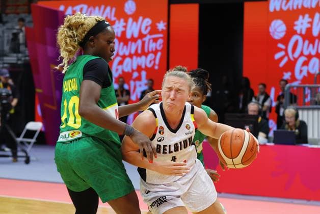 Mali s Maimouna Haidara and Belgium s Elise Ramette fight for the ball during a basket game between Belgium s national team, Nationalteam Belgian Cats and Mali, in Wuhan, China, on Saturday 14 March 2026, the third game (out of 5) of the qualifications phase for the World Cup Basket tournament. NIKOLAxKRSTIC  x167430539x