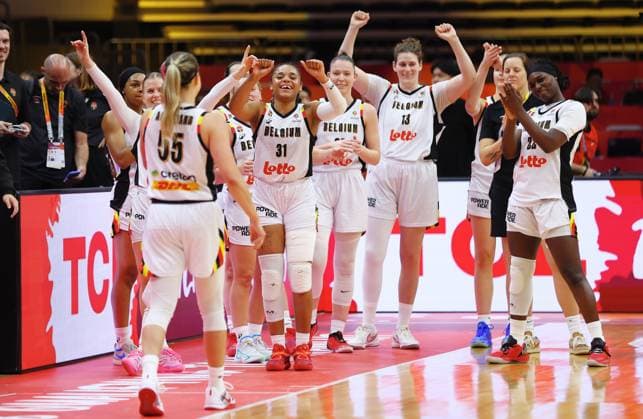 Belgian Cats players celebrate after winning a basket game between Belgium s national team, Nationalteam Belgian Cats and Mali, in Wuhan, China, on Saturday 14 March 2026, the third game (out of 5) of the qualifications phase for the World Cup Basket tournament. NIKOLAxKRSTIC  x167431142x