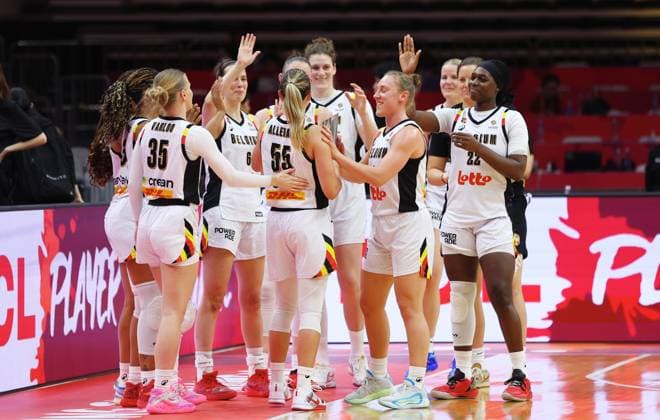 Belgian Cats players celebrate after winning a basket game between Belgium s national team, Nationalteam Belgian Cats and Mali, in Wuhan, China, on Saturday 14 March 2026, the third game (out of 5) of the qualifications phase for the World Cup Basket tournament. NIKOLAxKRSTIC  x167431145x