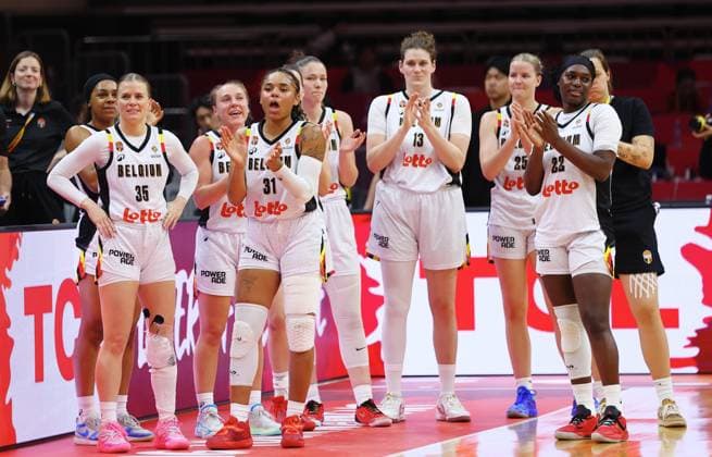Belgian Cats players celebrate after winning a basket game between Belgium s national team, Nationalteam Belgian Cats and Mali, in Wuhan, China, on Saturday 14 March 2026, the third game (out of 5) of the qualifications phase for the World Cup Basket tournament. NIKOLAxKRSTIC  x167431209x