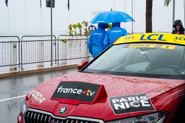 Picture shows the extreme rain conditions pictured before the start of the seventh stage of the 84th edition of the Paris-Nice cycling race, from Nice to Isola (120,4 km), on Saturday 14 March 2026. DAVIDxPINTENS  x167432947x