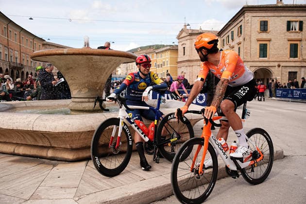 Theuns Edward Of Lidl-Trek and Ganna Filippo Of Ineos Grenadiers during the 188-kilometer Stage 6 of the Tirreno-Adriatico cycling race from San Severino Marche to Camerino - Italy - Saturday, March 14, 2026. - cycling.  Copyright: xMarcoxAlpozzi LaPressex
