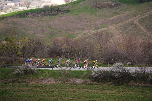 The pack rides cycles during the 188-kilometer Stage 6 of the Tirreno-Adriatico cycling race from San Severino Marche to Camerino - Italy - Saturday, March 14, 2026. - cycling.  Copyright: xMarcoxAlpozzi LaPressex