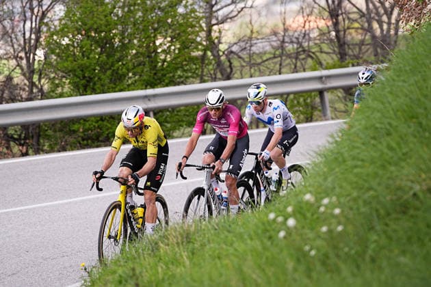 Van Aert Wout Of Team Visma Lease A Bike, Van Der Poel Mathieu Of Alpecin-Premier Tech and Adria Oliveras Roger Of Movistar Team during the 188-kilometer Stage 6 of the Tirreno-Adriatico cycling race from San Severino Marche to Camerino - Italy - Saturday, March 14, 2026. - cycling.  Copyright: xMarcoxAlpozzi LaPressex